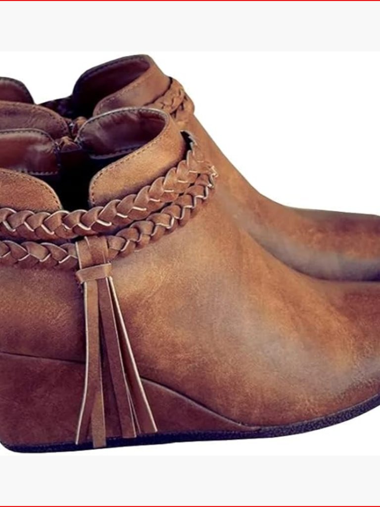 Faux Leather Wedge Ankle Boots With Braided Fringe Strap